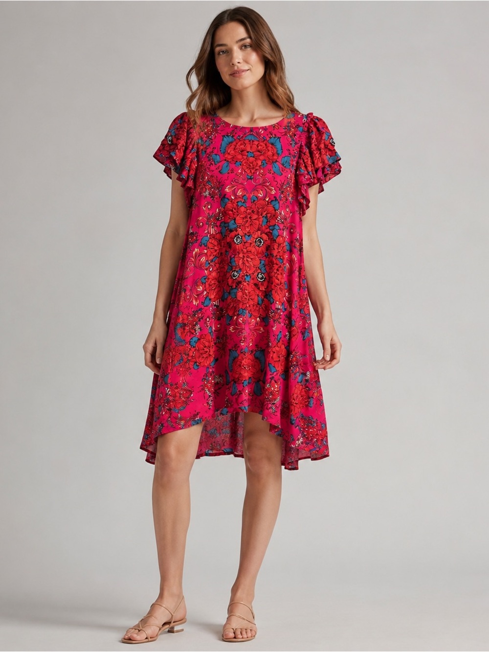 Free People Mini Dress Viscose Floral Ruffle Sleeve Medium Boho Rose Combo